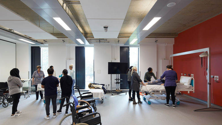 Photo showcasing the flexible spaces and simulated hospital wards, at Coventry University's Science and Health Building.