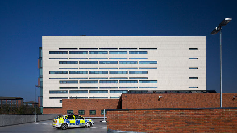 General view of the facade of the Operational Command Unit for Hampshire Police, designed by Broadway Malyan