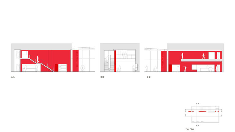 Side elevation sketches of RIBA North in Liverpool, showing double height entrance, stairwell and mezzanine level.