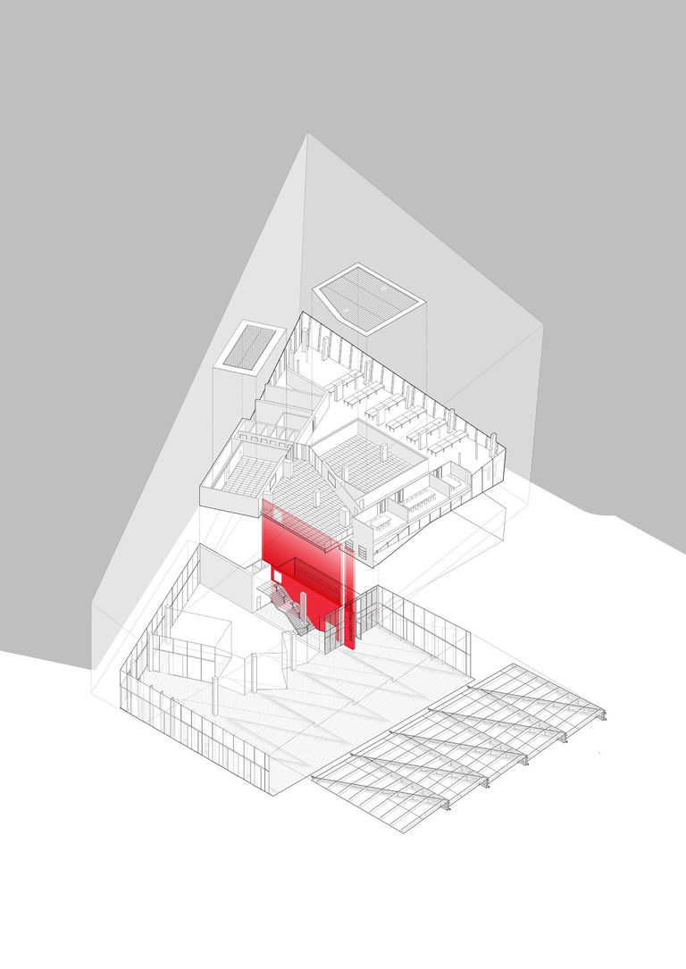 Sketch of RIBA North in Liverpool, showing red corian spine wall, double height entrance lobby, stairwell and mezzanine level.