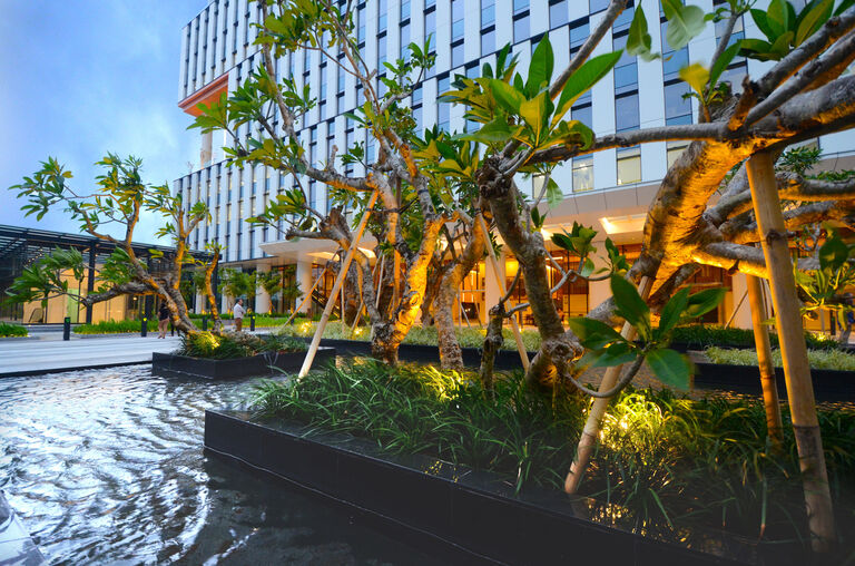 The reflective pool in the public realm on CIBIS Business park in Jakarta, Indonesia, designed by Broadway Malyan