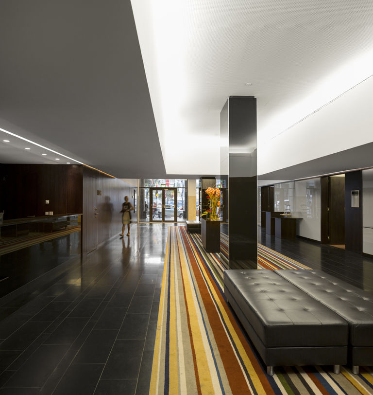 The sleek and modernist public areas in the iconic Hotel Trópico in Luanda, redesigned by Broadway Malyan