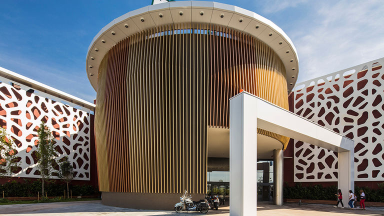 Day photo of new feature entrance and facade detail at INTU Asturias retail centre in Siero, Spain.