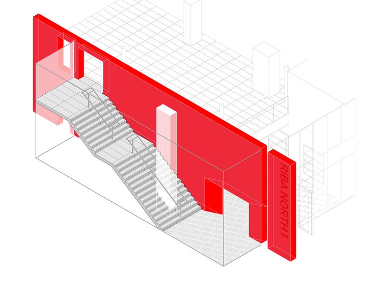 Sketch of stairwell, balustrade and red spine wall at RIBA North in Liverpool.