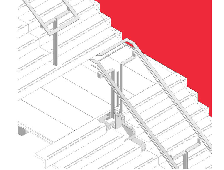 Sketch of stairwell at RIBA North in Liverpool, showing interface between the granite stairs, stainless steel balustrade and red spine wall.