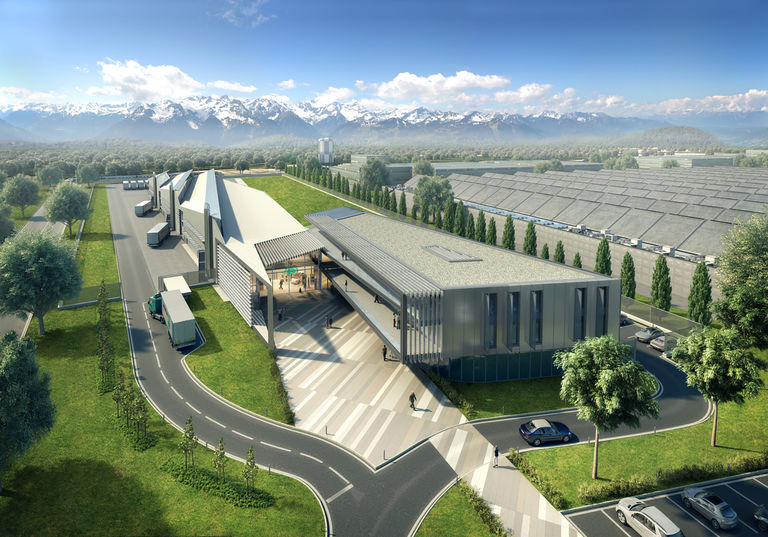 A CGI of the Petronas European R&D Centre in the Alpine landscape outside Turin, Italy, designed by Broadway Malyan