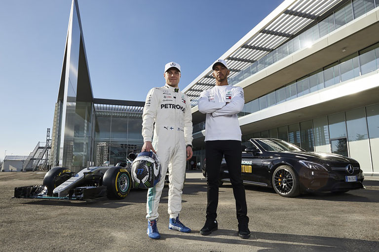 Lewis Hamilton and Valtteri Bottas from the McLaren F1 team at the official launch of Petronas' European R&D centre in Turin, Italy, designed by Broadway Malyan
