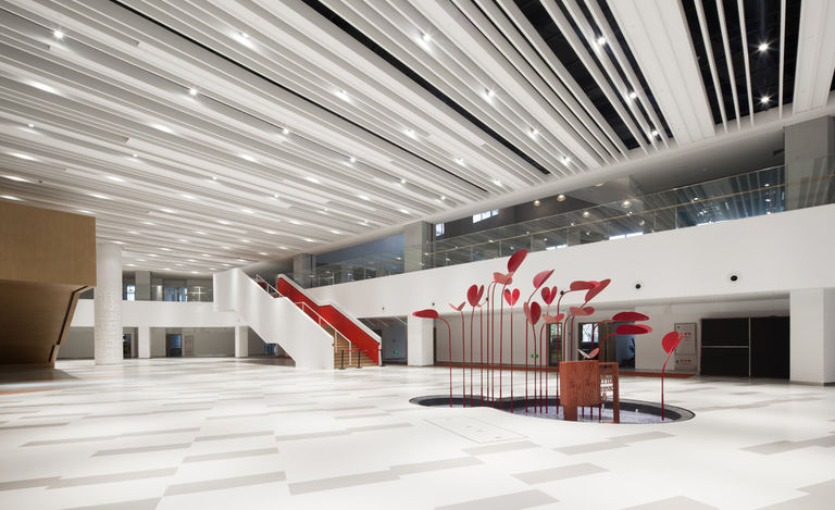 Entrance lobby and sculpture at new private school, Jiading School in Shanghai, China.