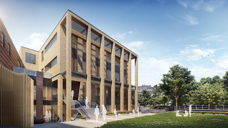 Visualisation of south facing façade and rear garden lawn to new science and performing arts building for Putney High School in London, UK.