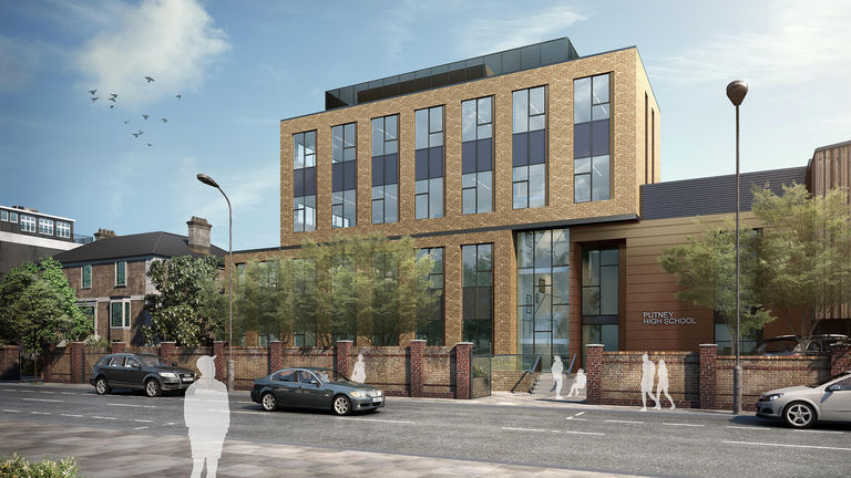 Visualisation of front entrance façade to new science and performing arts building at Putney High School in London, UK.