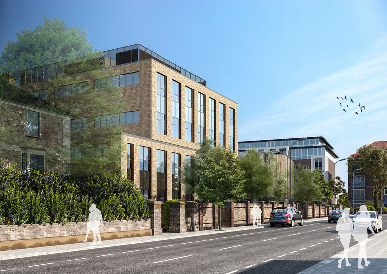 Visualisation of new science and performing arts building for Putney High School, London, showing four storeys facing onto street level.
