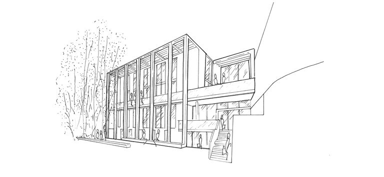Sketch of south facing façade to new science and performing arts building at Putney High School in London, UK.