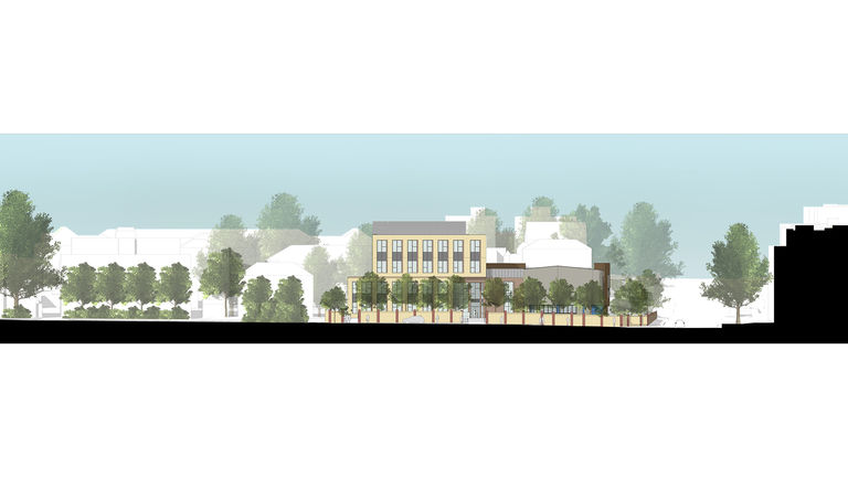Front full length elevation of new science and performing arts building at Putney High School in London, UK.