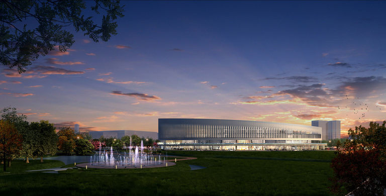 Evening visualisation showing lengthy exterior façade to Innovation Incubator building at Nottingham Ningbo University in China.