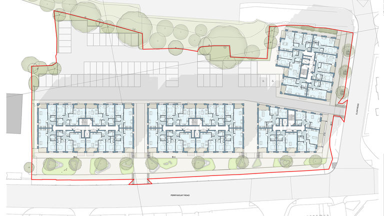A ground story floorplan of a new residential development in Haywards Heath, Mid Sussex - designed by Broadway Malyan
