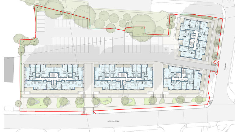 A first storey floorplan of a new residential development in Haywards Heath, Mid Sussex - designed by Broadway Malyan