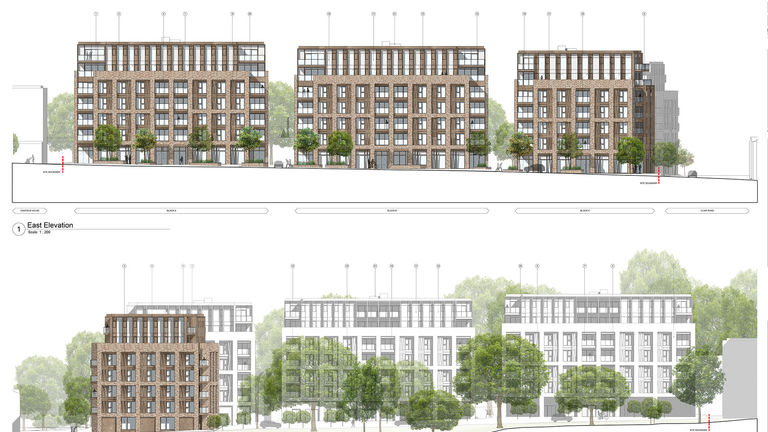 An elevation of the main friontage of a new residential development in Haywards Heath, Mid Sussex - designed by Broadway Malyan