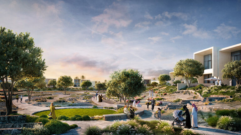 Visualisation of low density villas at one with nature on Jubail Island, masterplanned by Broadway Malyan