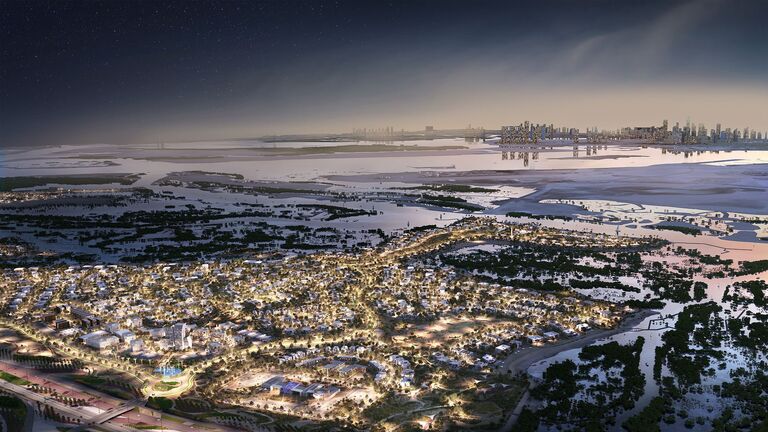 View of Jubail Island with Abu Dhabi downtown in the distance