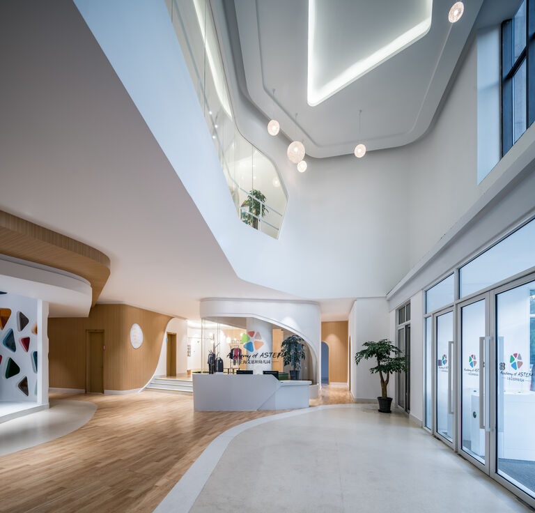 Double height entrance lobby at Academy of ASTEM in Shanghai, China.