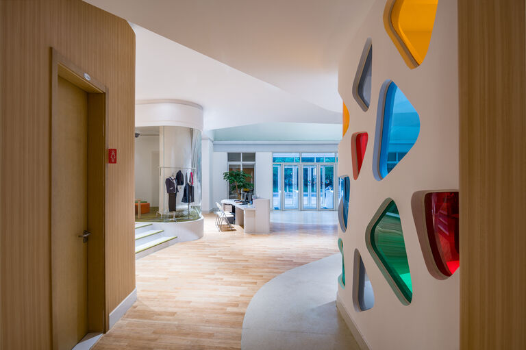 Coloured glass and patterns used throughout Academy of ASTEM in Shanghai, China.