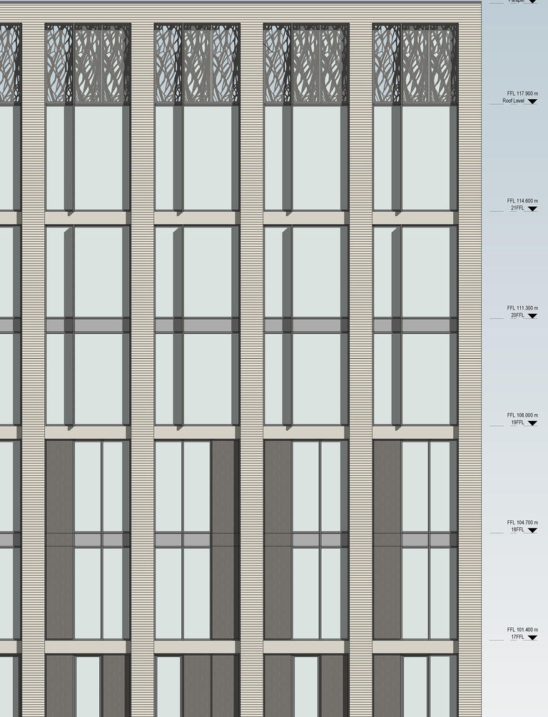 A detailed drawing of the facade of No1 Reading, a new mixed use tower designed by Broadway Malyan