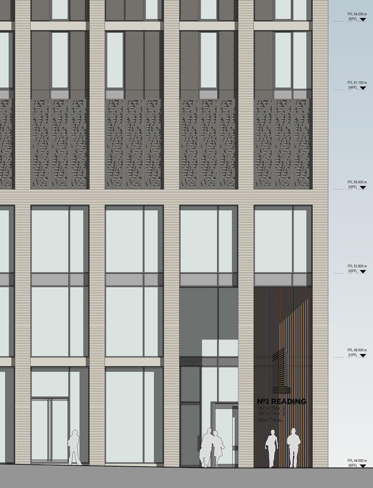 Ground floor detail of No1 Reading, a new mixed use tower designed by Broadway Malyan
